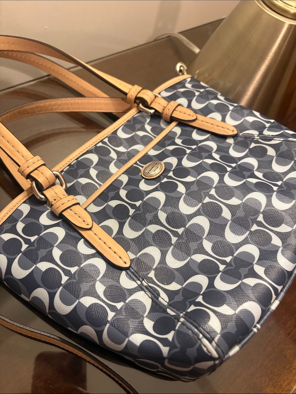 Coach Navy and Black Signature Small Tote with Tan Leather Trim - Picture 12 of 16